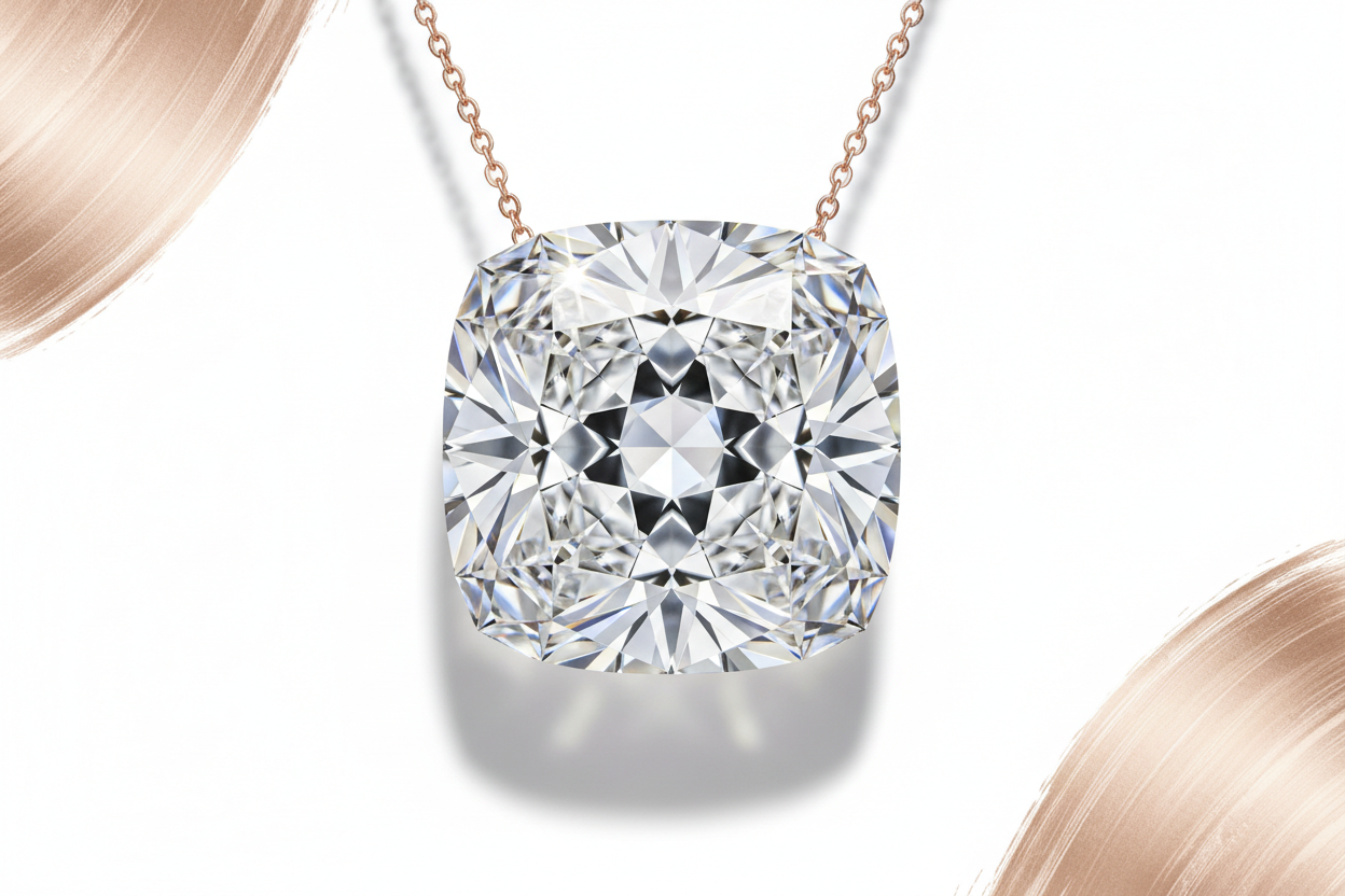 Diamond necklace with a pink gold chain on a white background